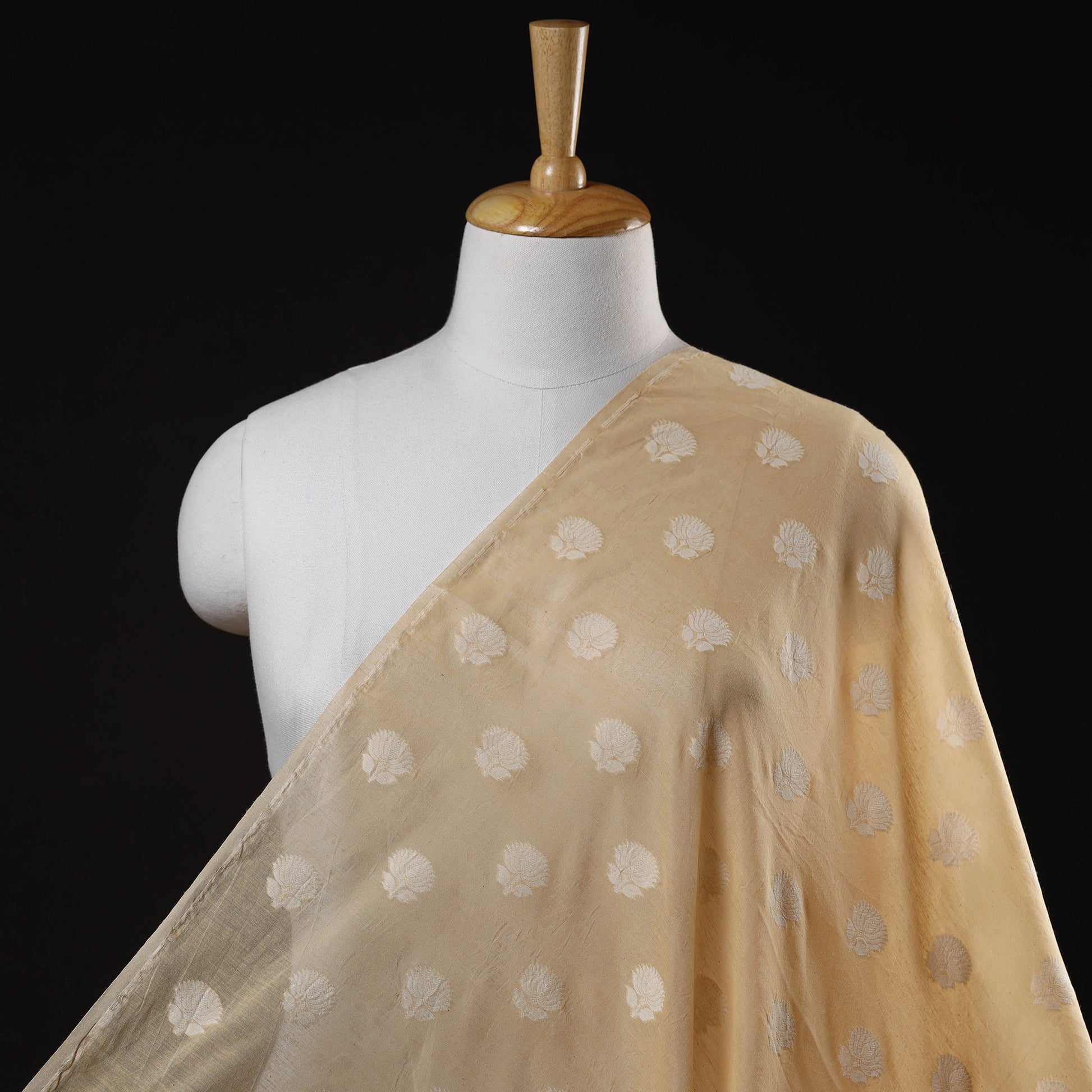 Beige - Pure Handwoven Cutwork Buti Cotton Banarasi Fabric  09