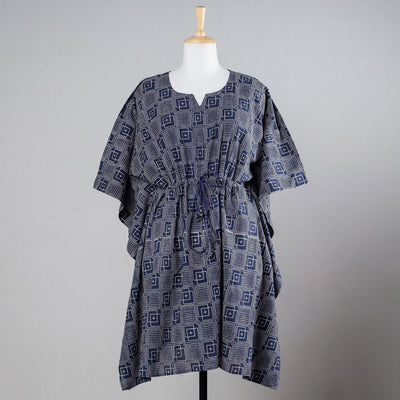Blue - Ajrakh Block Printed Cotton Kaftan with Tie-Up Waist (Medium)