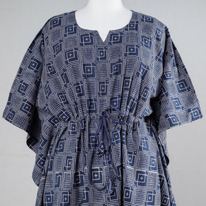 Blue - Ajrakh Block Printed Cotton Kaftan with Tie-Up Waist (Medium)