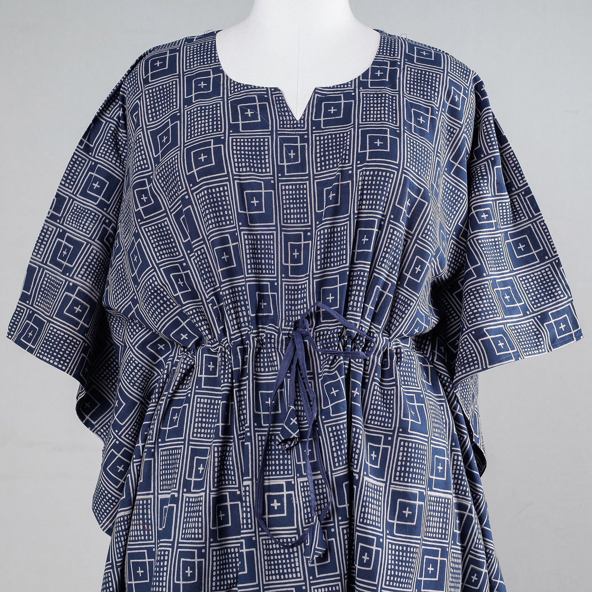 Blue - Ajrakh Block Printed Cotton Kaftan with Tie-Up Waist (Medium)