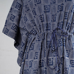 Blue - Ajrakh Block Printed Cotton Kaftan with Tie-Up Waist (Medium)