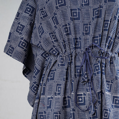 Blue - Ajrakh Block Printed Cotton Kaftan with Tie-Up Waist (Medium)