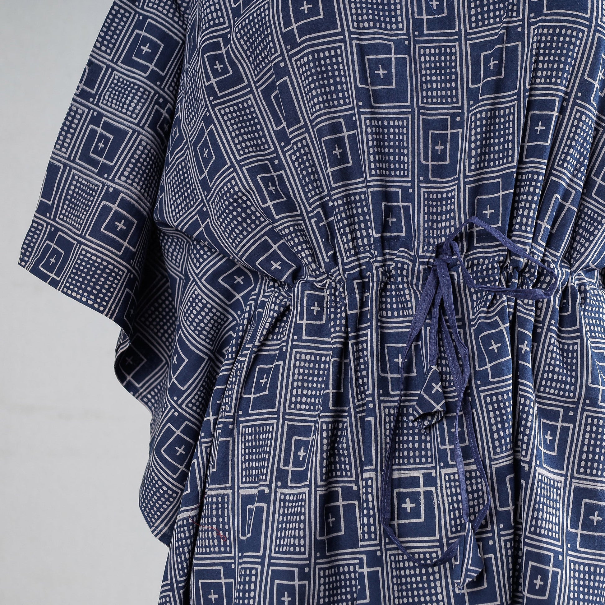 Blue - Ajrakh Block Printed Cotton Kaftan with Tie-Up Waist (Medium)