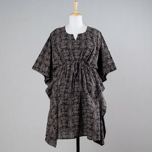 Black - Ajrakh Block Printed Cotton Kaftan with Tie-Up Waist (Medium)