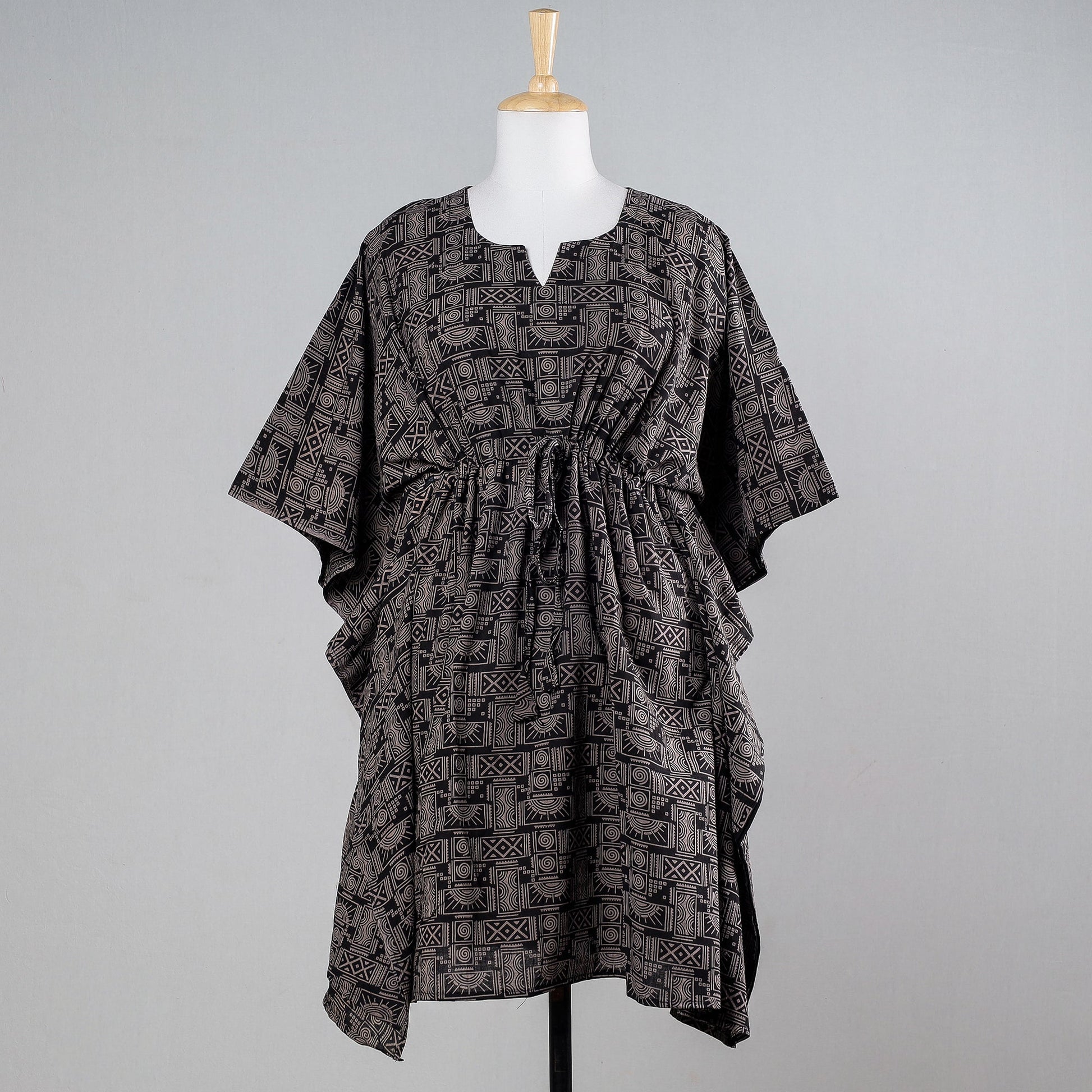 Black - Ajrakh Block Printed Cotton Kaftan with Tie-Up Waist (Medium)
