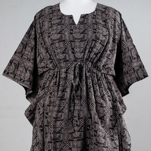 Black - Ajrakh Block Printed Cotton Kaftan with Tie-Up Waist (Medium)