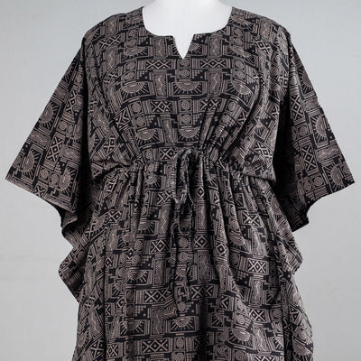Black - Ajrakh Block Printed Cotton Kaftan with Tie-Up Waist (Medium)