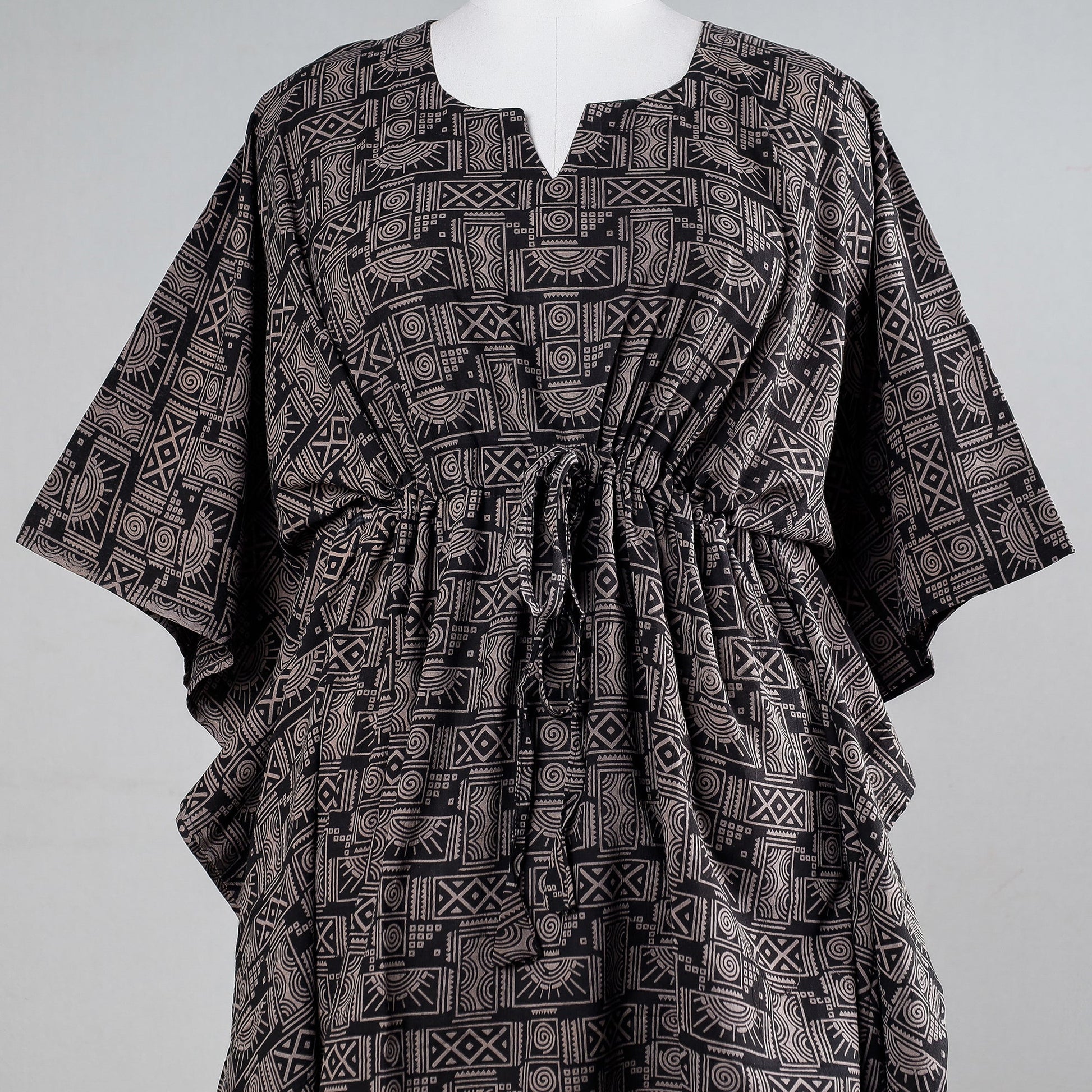Black - Ajrakh Block Printed Cotton Kaftan with Tie-Up Waist (Medium)