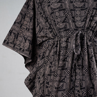 Black - Ajrakh Block Printed Cotton Kaftan with Tie-Up Waist (Medium)