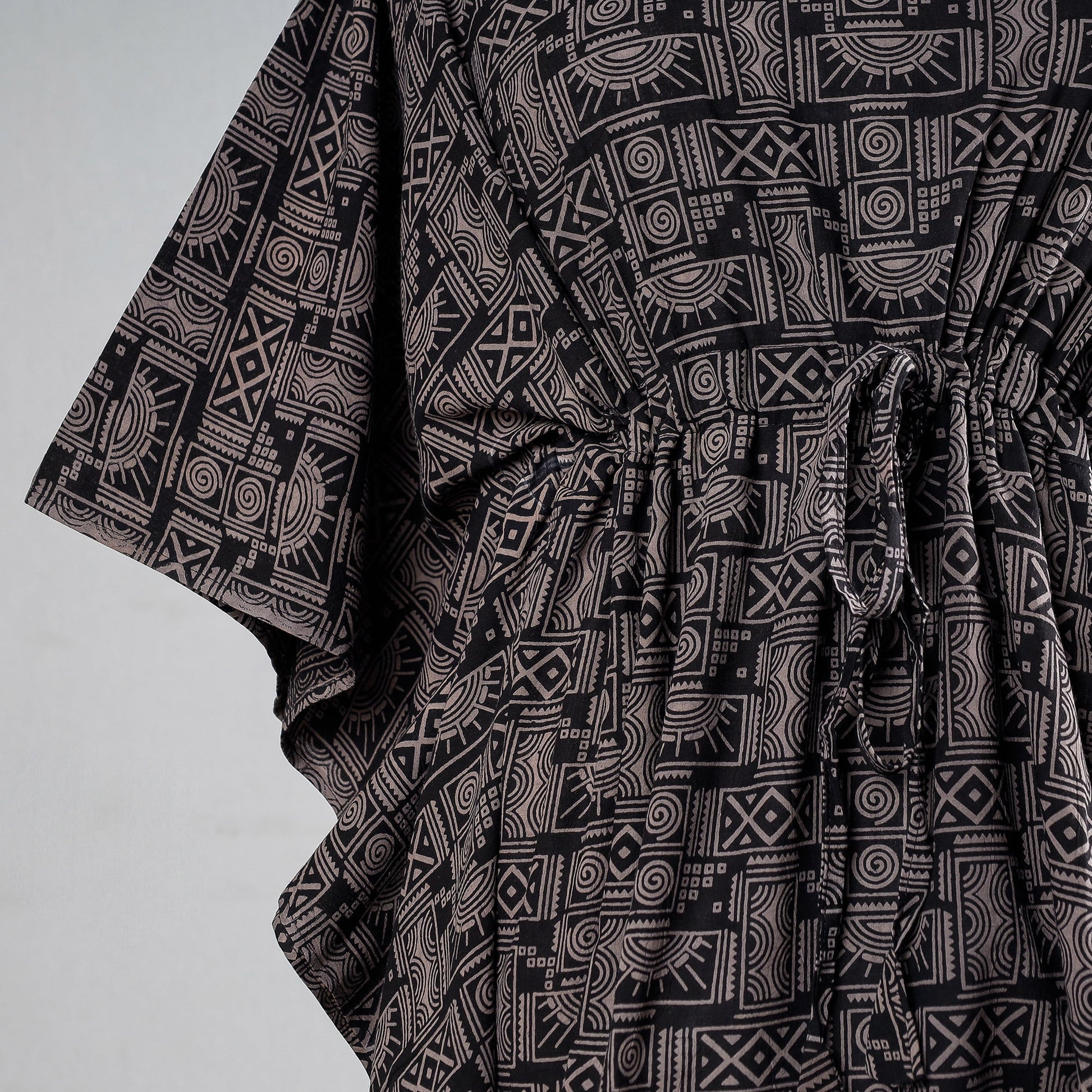 Black - Ajrakh Block Printed Cotton Kaftan with Tie-Up Waist (Medium)