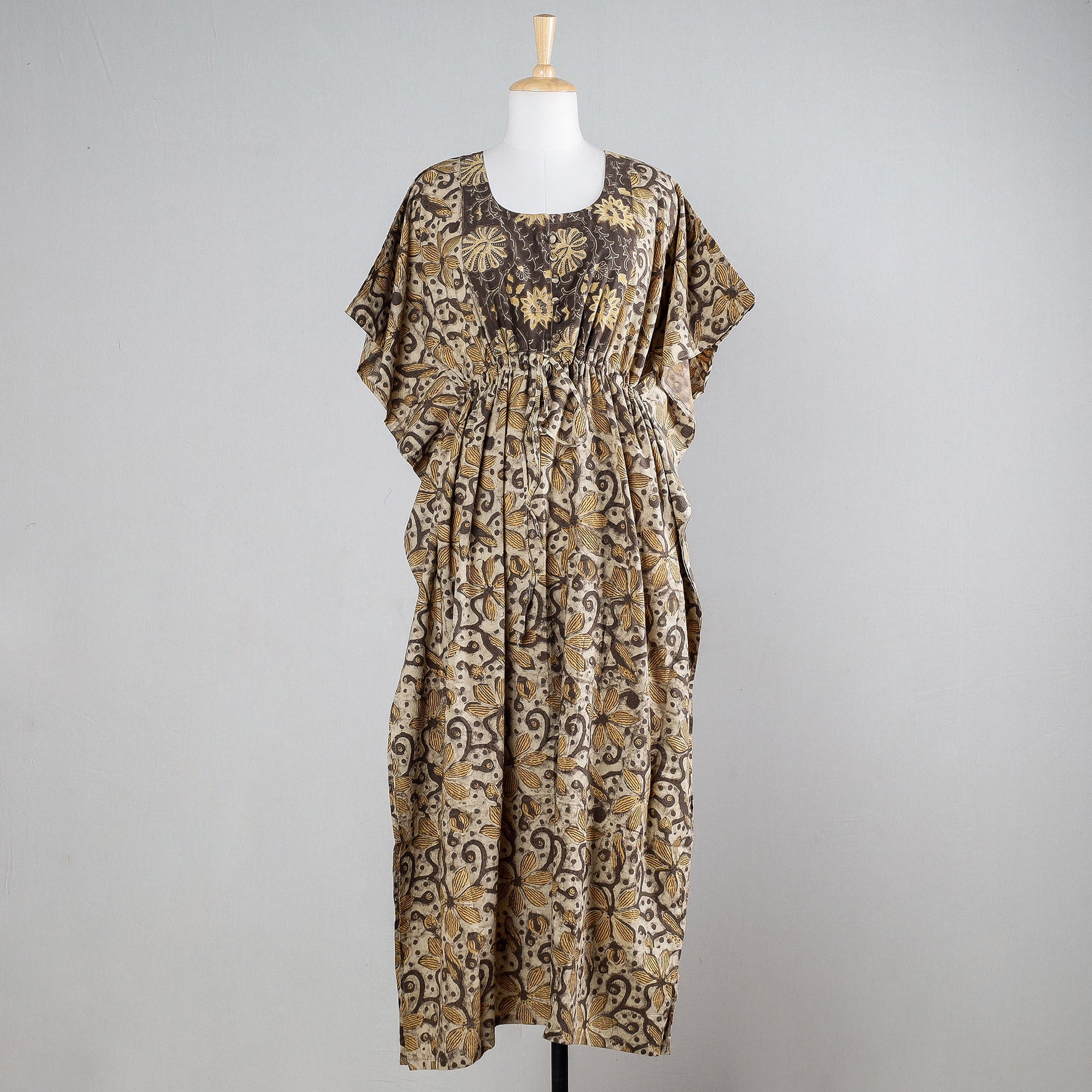 Beige - Ajrakh Block Printed Cotton Kaftan with Tie-Up Waist (Long)