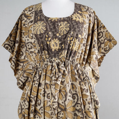 Beige - Ajrakh Block Printed Cotton Kaftan with Tie-Up Waist (Long)