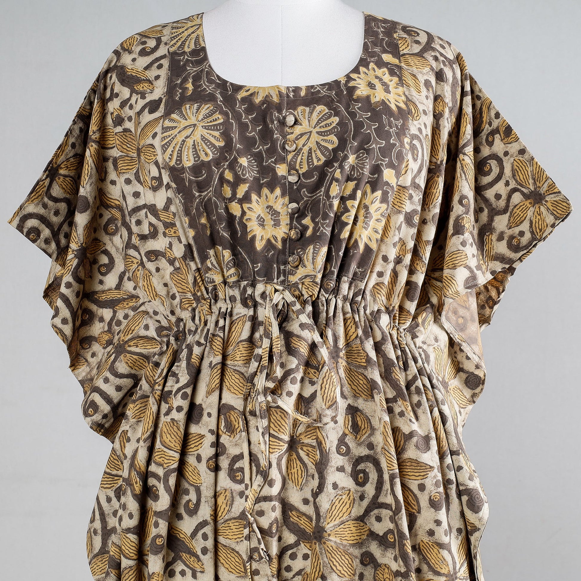Beige - Ajrakh Block Printed Cotton Kaftan with Tie-Up Waist (Long)