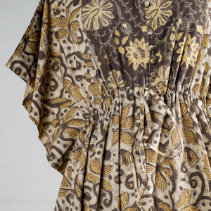 Beige - Ajrakh Block Printed Cotton Kaftan with Tie-Up Waist (Long)