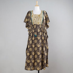 Brown - Ajrakh Block Printed Cotton Kaftan with Tie-Up Waist (Long)