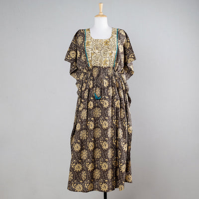 Brown - Ajrakh Block Printed Cotton Kaftan with Tie-Up Waist (Long)