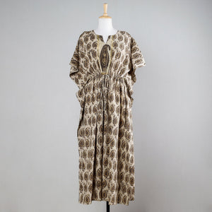 Beige -  Block Print Cotton Ajrakh Kaftan with Tie-Up Waist (Long)