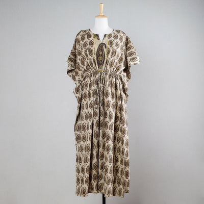 Beige -  Block Print Cotton Ajrakh Kaftan with Tie-Up Waist (Long)