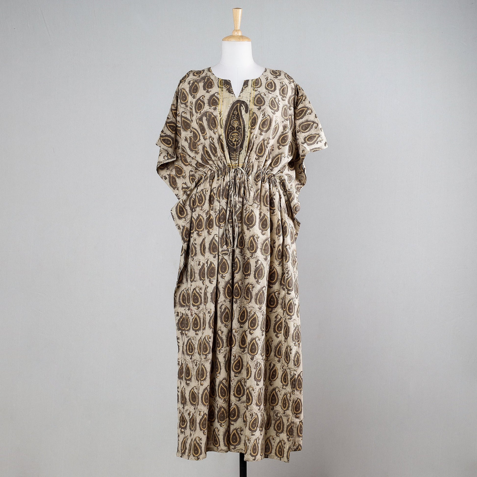Beige -  Block Print Cotton Ajrakh Kaftan with Tie-Up Waist (Long)
