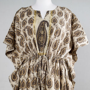 Beige -  Block Print Cotton Ajrakh Kaftan with Tie-Up Waist (Long)