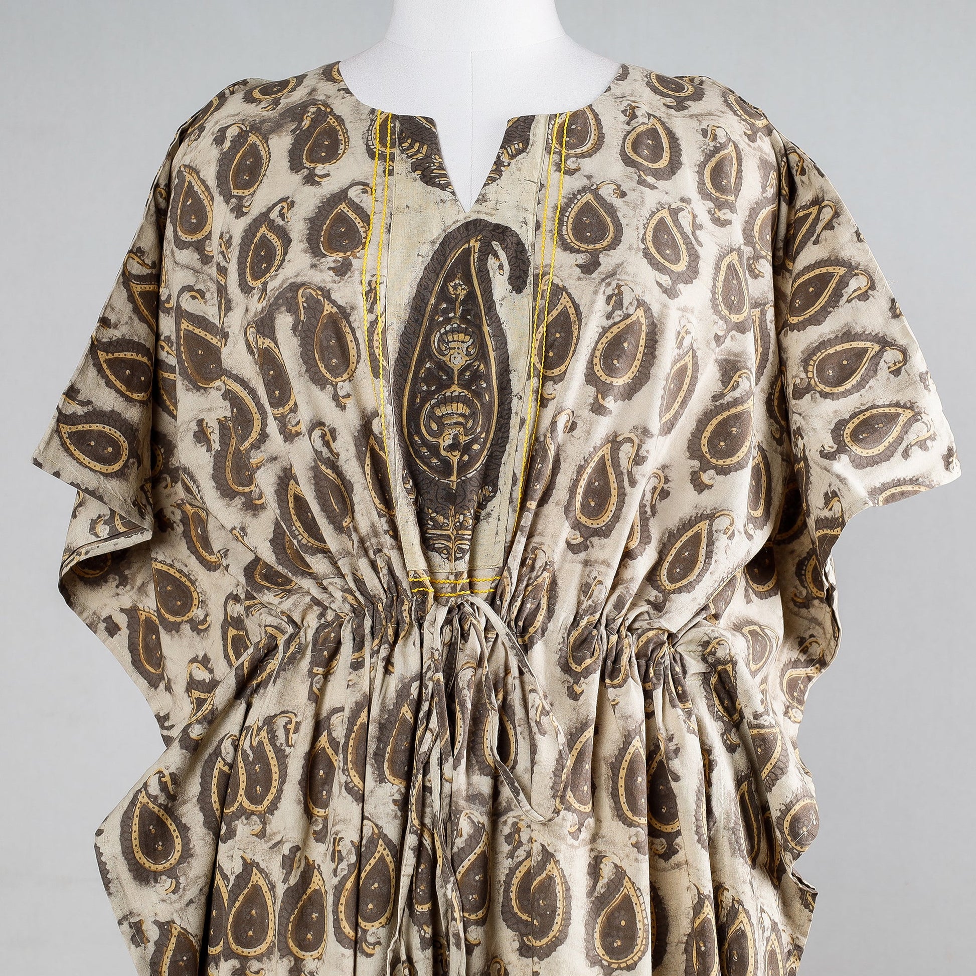 Beige -  Block Print Cotton Ajrakh Kaftan with Tie-Up Waist (Long)