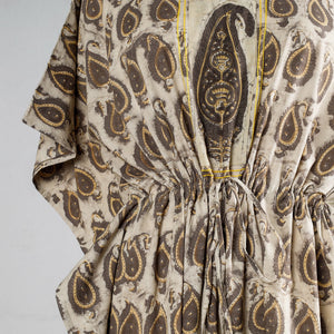 Beige -  Block Print Cotton Ajrakh Kaftan with Tie-Up Waist (Long)