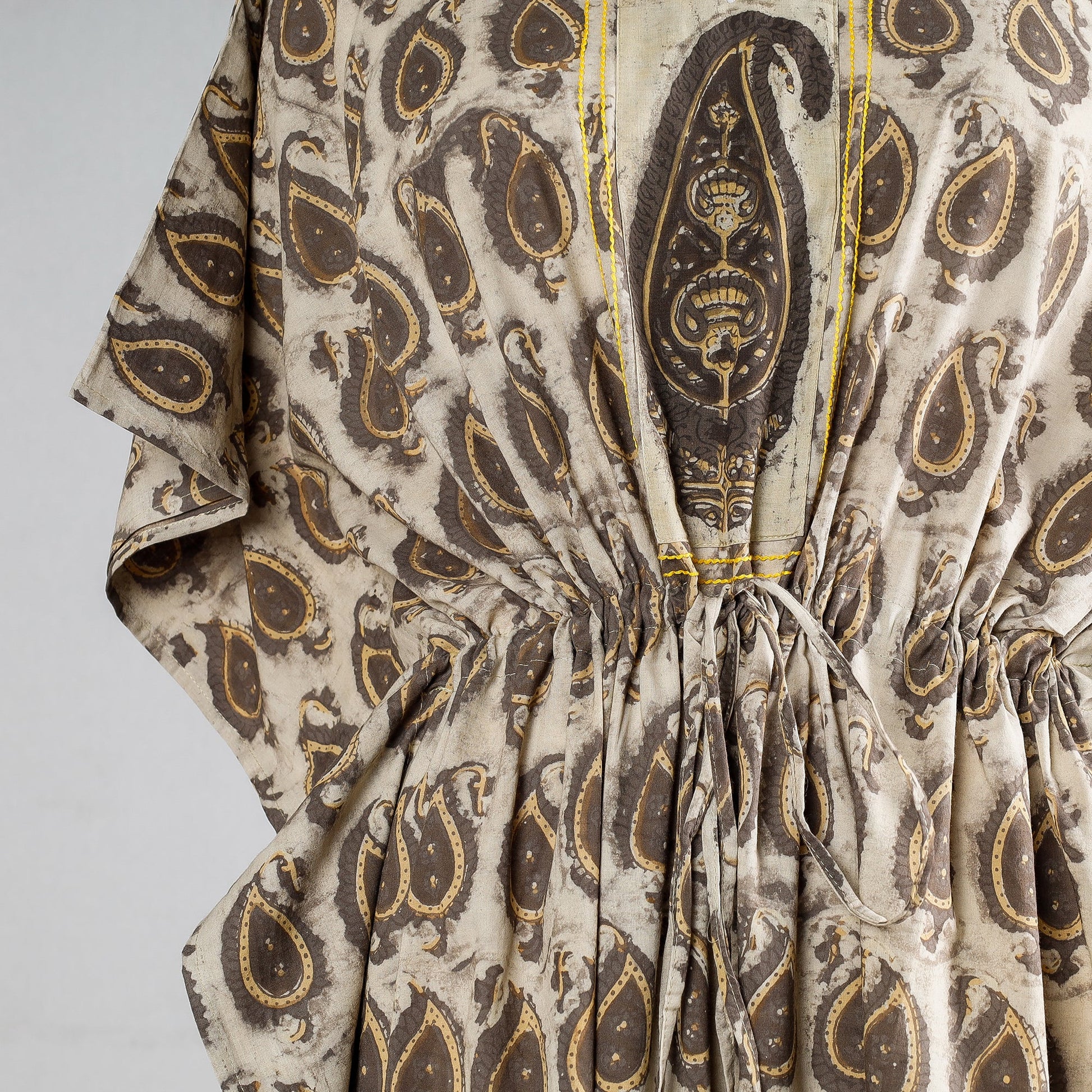 Beige -  Block Print Cotton Ajrakh Kaftan with Tie-Up Waist (Long)