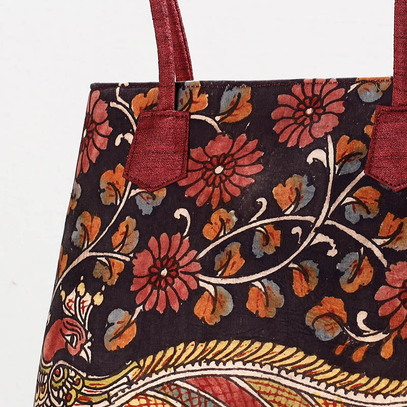 Black - Handpainted Kalamkari Natural Dyed Cotton Shoulder Bag