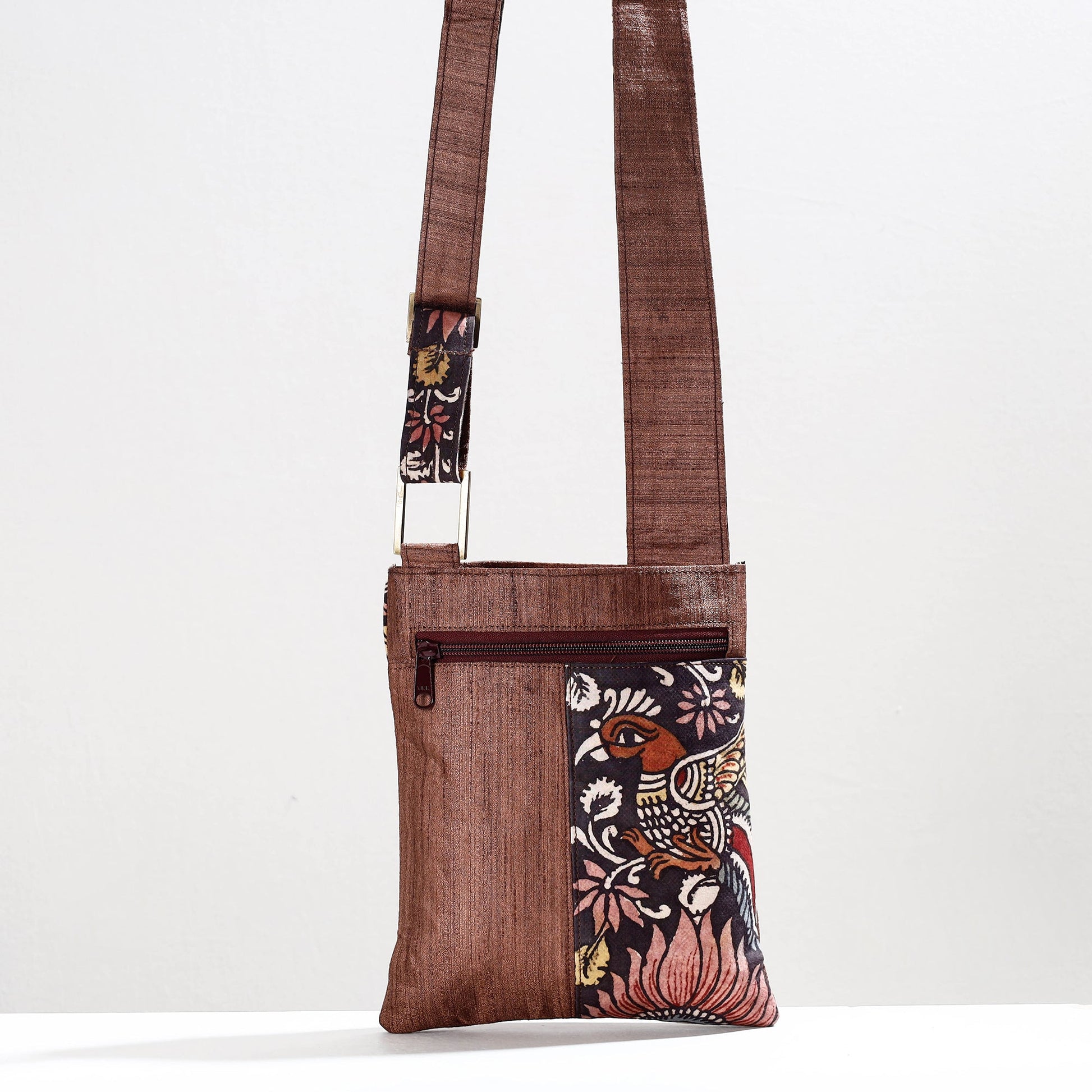 Brown - Handpainted Kalamkari Natural Dyed Ghicha Silk Sling Bag