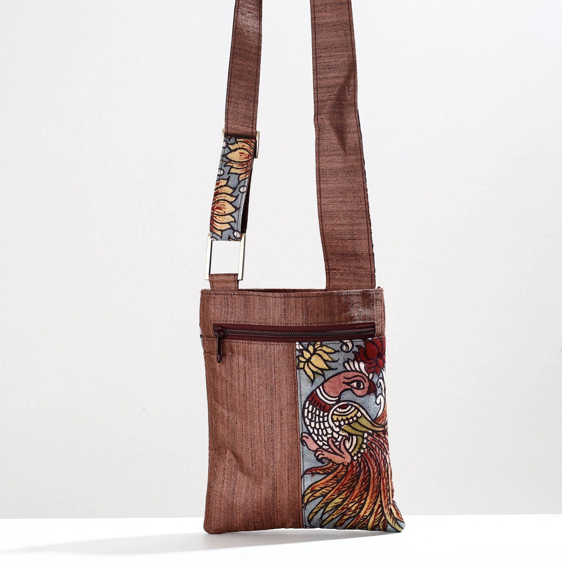 Brown - Handpainted Kalamkari Natural Dyed Ghicha Silk Sling Bag
