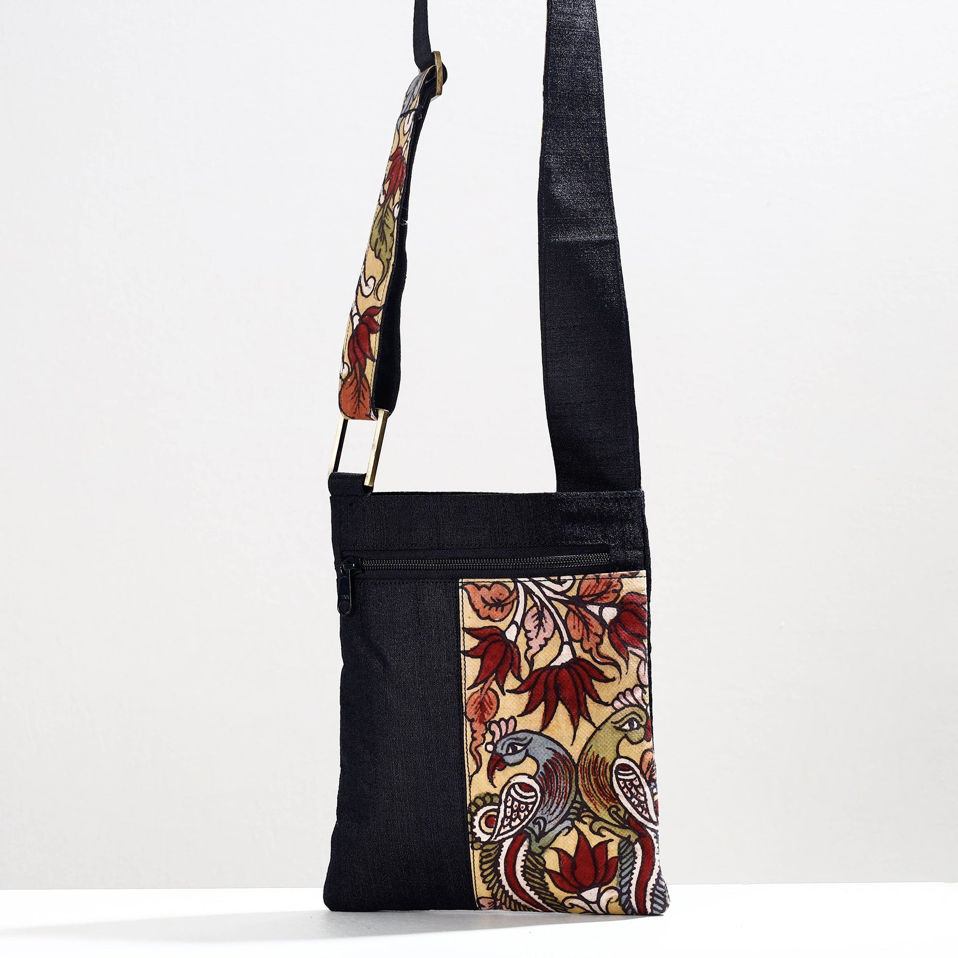 Black - Handpainted Kalamkari Natural Dyed Ghicha Silk Sling Bag