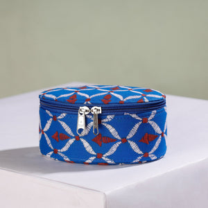 Blue - Bengal Kantha Work Handcrafted Oval Jewelry Box with Mirror