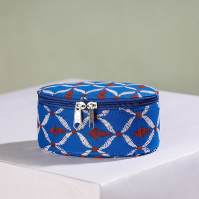 Blue - Bengal Kantha Work Handcrafted Oval Jewelry Box with Mirror