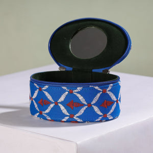 Blue - Bengal Kantha Work Handcrafted Oval Jewelry Box with Mirror