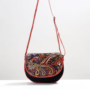 Black - Handpainted Kalamkari Natural Dyed Ghicha Silk Sling Bag