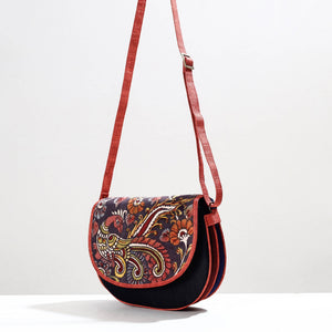Black - Handpainted Kalamkari Natural Dyed Ghicha Silk Sling Bag