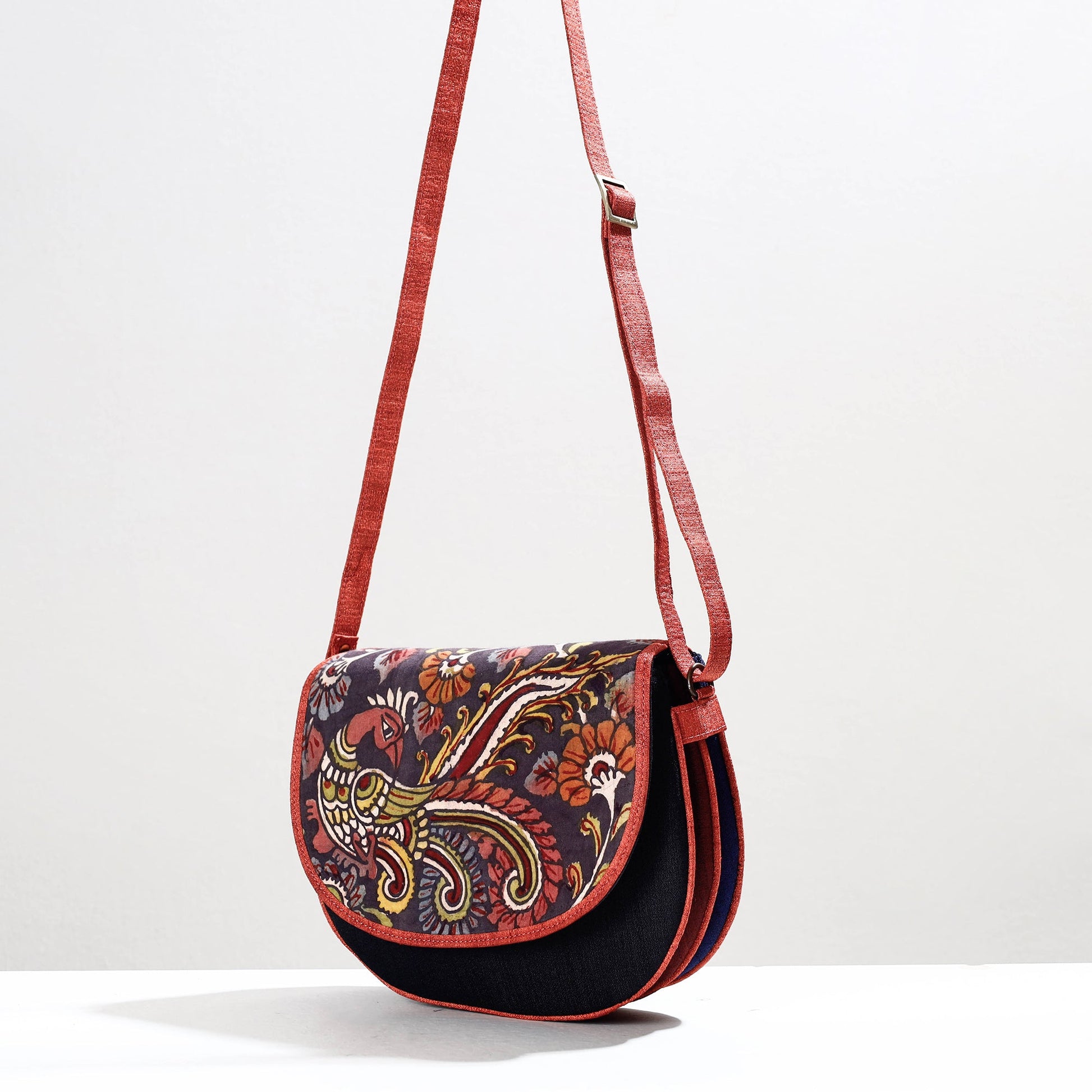 Black - Handpainted Kalamkari Natural Dyed Ghicha Silk Sling Bag