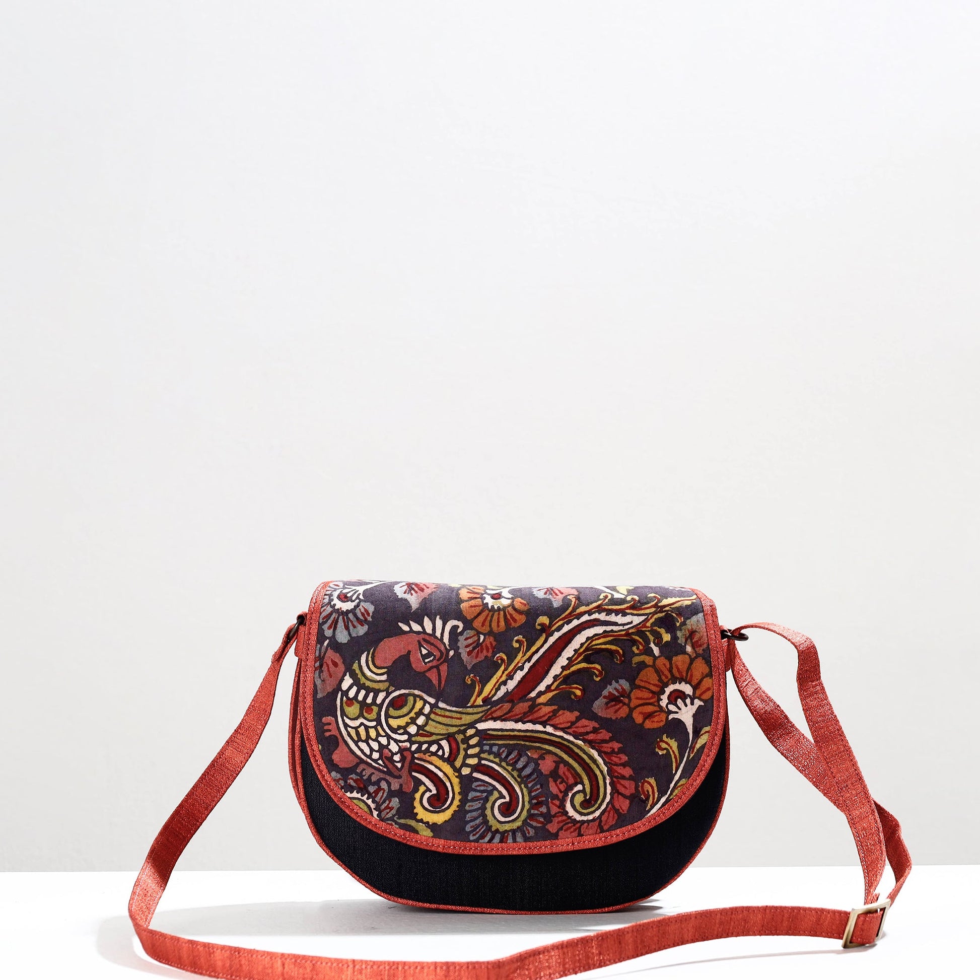 Black - Handpainted Kalamkari Natural Dyed Ghicha Silk Sling Bag