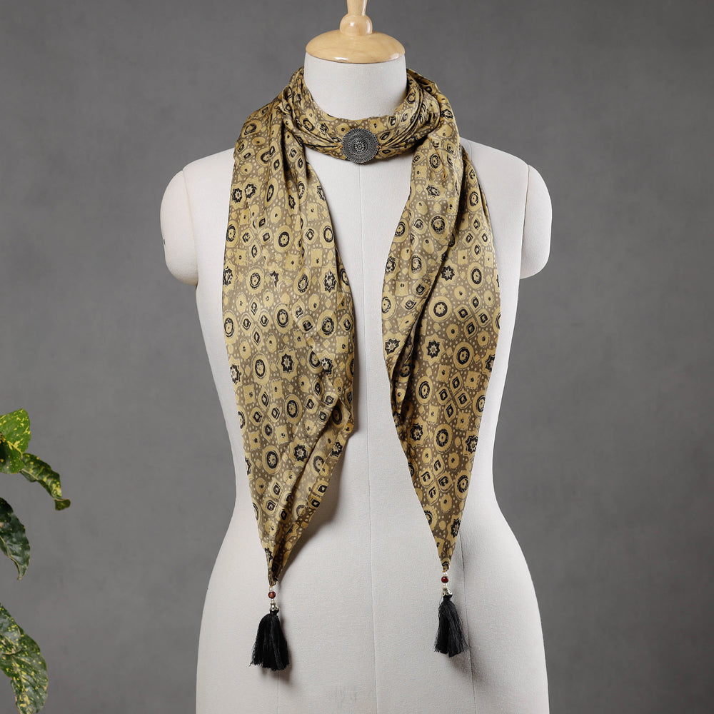 Brown - Modal Silk Ajrakh Block Printing Pendant Necklace Scarf