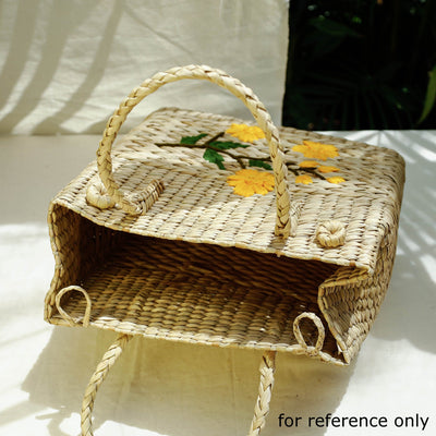 Beige - Handcrafted Natural Water Reed Embroidered Shopping Bag
