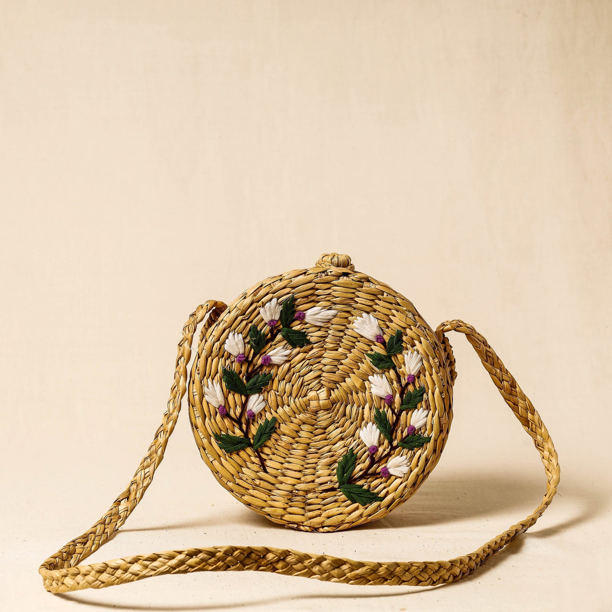 Beige - Handcrafted Natural Water Reed Embroidered Sling Bag