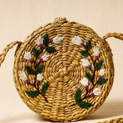 Beige - Handcrafted Natural Water Reed Embroidered Sling Bag