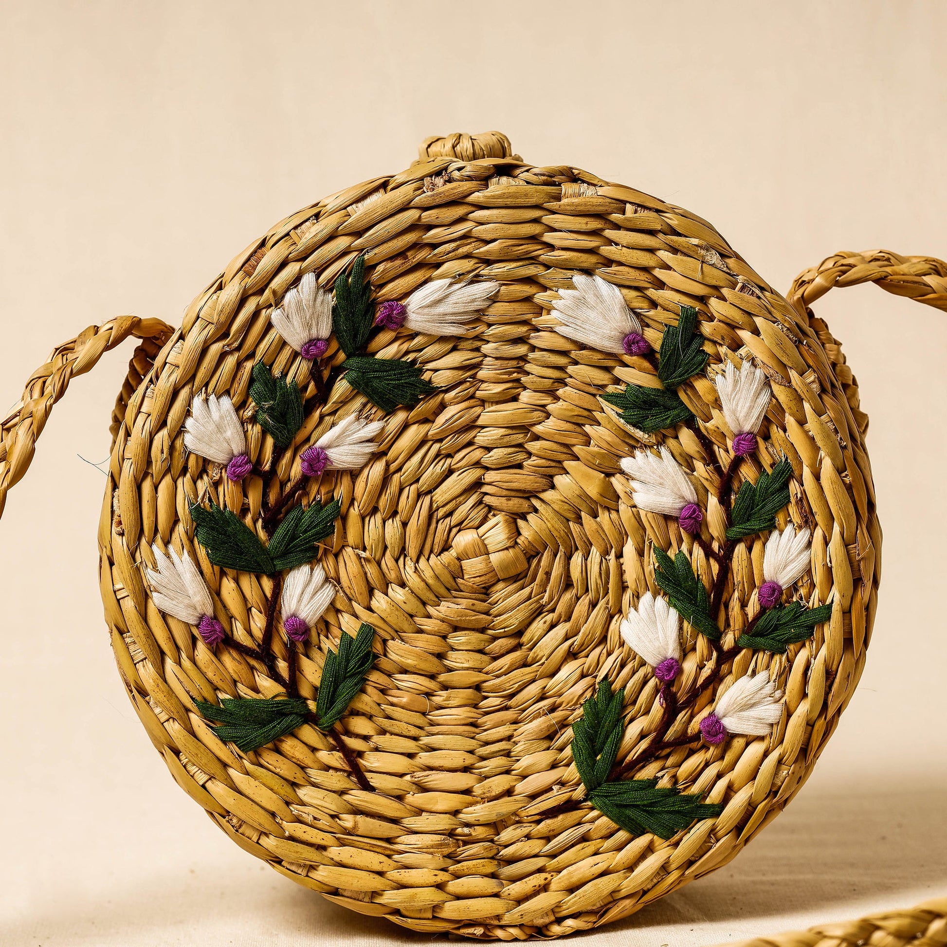 Beige - Handcrafted Natural Water Reed Embroidered Sling Bag