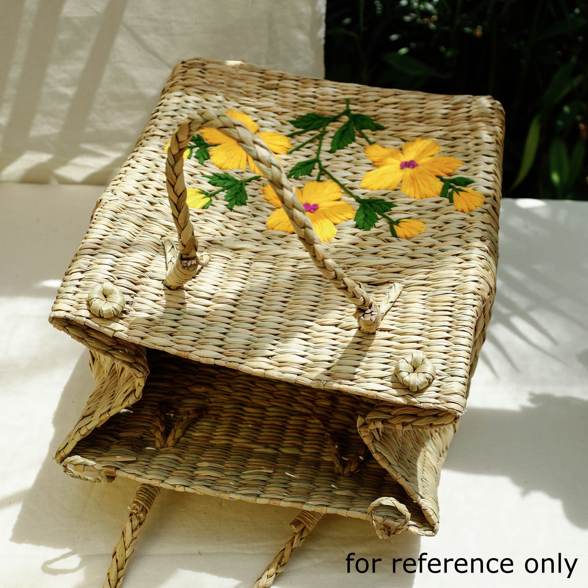 Beige - Handcrafted Natural Water Reed Embroidered Shopping Bag