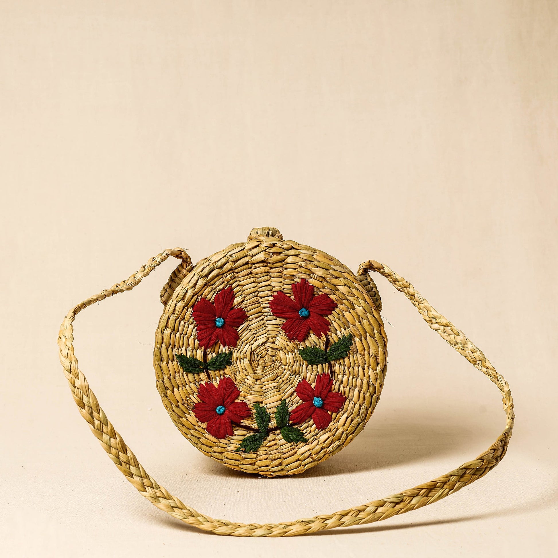 Beige - Handcrafted Natural Water Reed Embroidered Sling Bag