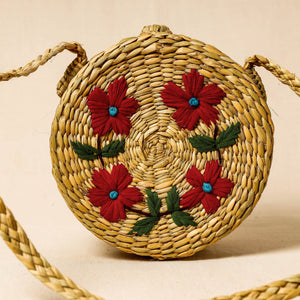 Beige - Handcrafted Natural Water Reed Embroidered Sling Bag