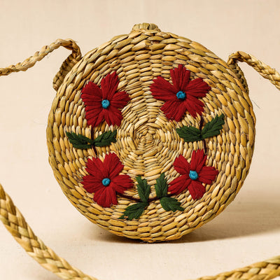 Beige - Handcrafted Natural Water Reed Embroidered Sling Bag