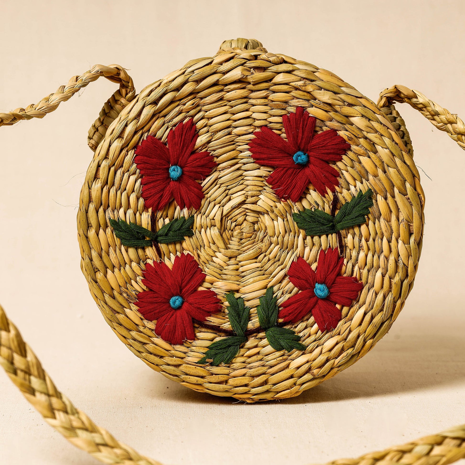 Beige - Handcrafted Natural Water Reed Embroidered Sling Bag