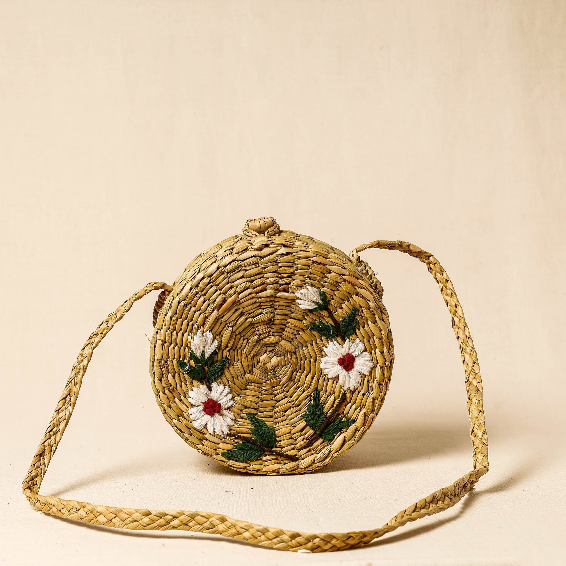 Beige - Handcrafted Natural Water Reed Embroidered Sling Bag