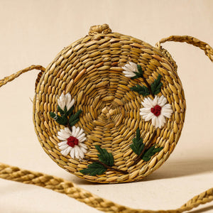 Beige - Handcrafted Natural Water Reed Embroidered Sling Bag